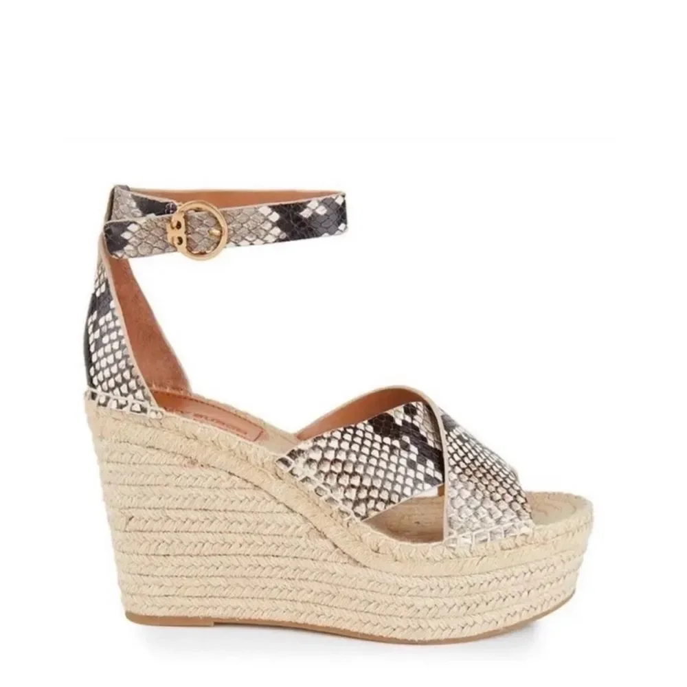 Tory Burch Shelby Snakeskin-Embossed Leather Espadrille Sandals, New, Size11